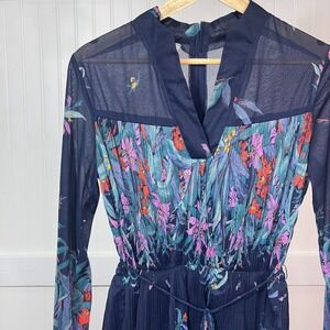 Vintage 70s Dress Twee Artsy Watercolor Floral Midi Navy Peplum Liz Roberts S